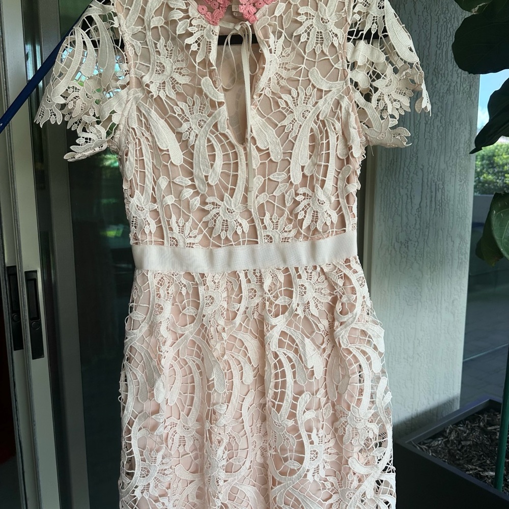 Maje Lace Midi Dress in Cream and Pink